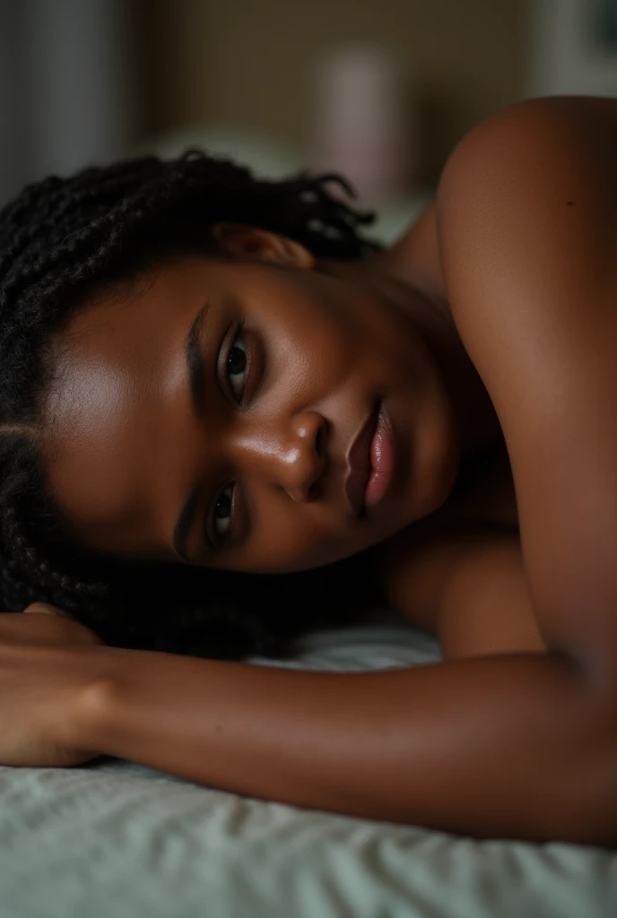 Create a detailed and intense illustration of a thin black woman with curly black hair. She is bent backwards in an uncomfortable position, depicting possession by an evil entity. There is a gruesome, bloody eye emerging from the middle of her forehead, tearing through her skull and leaving it exposed. The scene should capture the horror and pain of her situation, with an eerie and unsettling atmosphere.