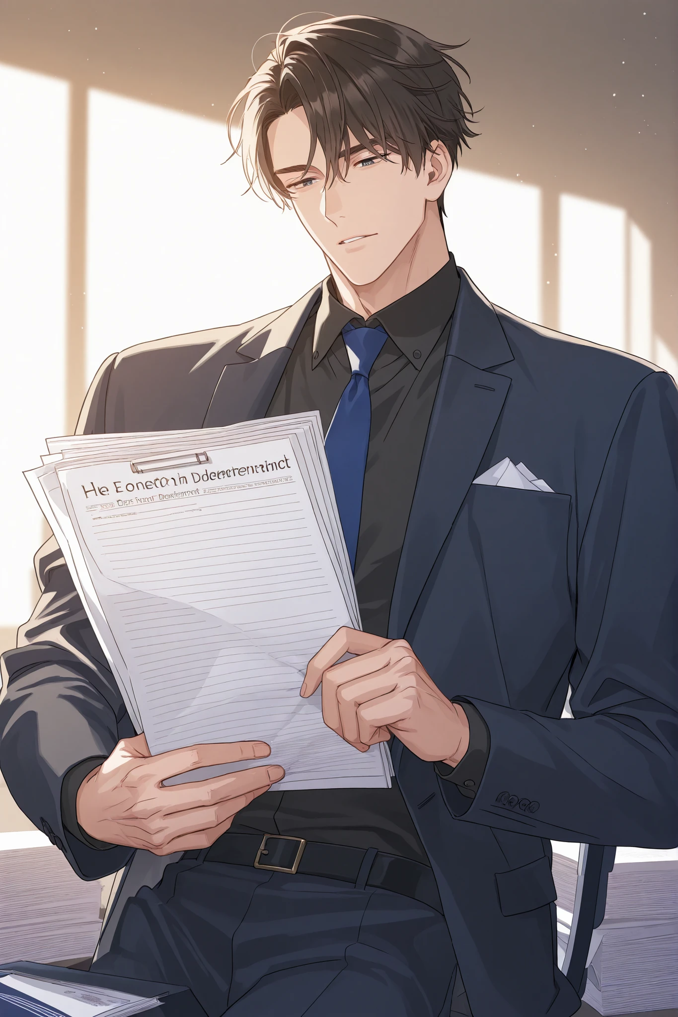 1 male, seme, handsome male, tall male, front view. He is in a office demanding important documents from you.