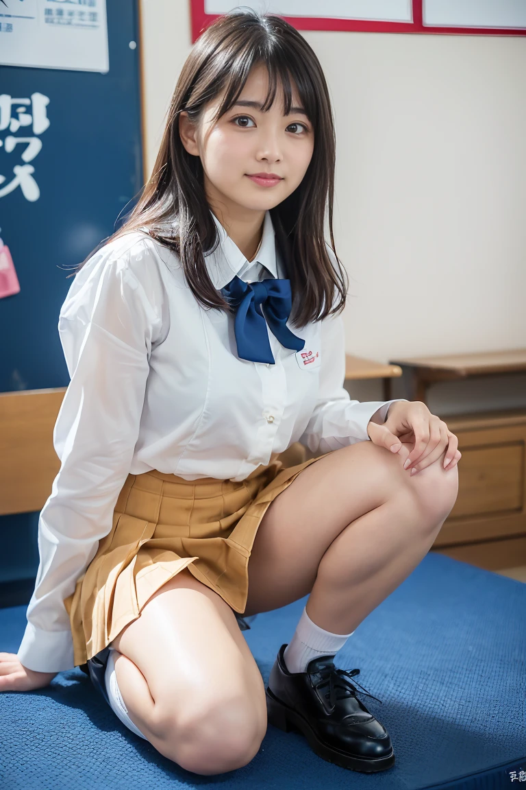 ((highest quality、8k、masterpiece:1.3)),((((fullbody shot)))),Ultra-high resolution,big eyes,Japanese,bangs,(a girl),(1 girl),((20 years old)),((facing at viewer)),((looking at viewer)),(long hair),(((black school uniform))),grin,((squatting)),(pleated mini skirt),(((open leg))),(((platform shoes))),(((white panty)))