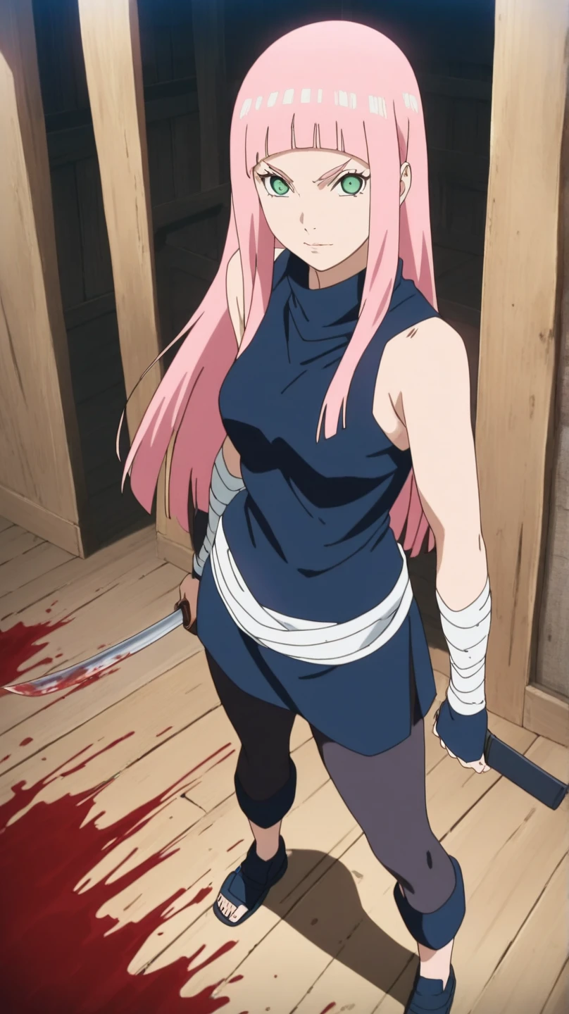 13-year old Sakura, green eyes, bondage with ropes, bound and tied up, gagged with a piece of cloth
