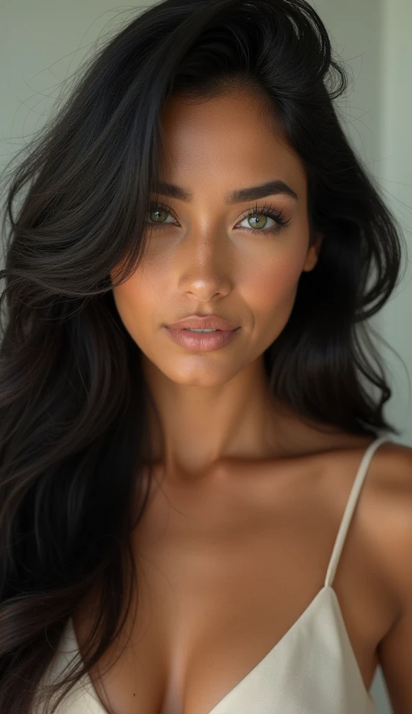 beautiful 30 year old woman, arafed, looking at viewer, black wavy hair, sultry smile, bare shoulders, perfect eyes, full body, realistic, sexy, standing sideways by a chair at hiome, visage innocent, natural wavy hair, high resolution, masterpiece, best quality, intricate details, highly detailed, detailed skin, realistic skin texture, texture, detailed eyes, professional, 4K, filmed on Canon, 85 mm, faible profondeur de champ, Couleur Kodak Vision, perfect fit body, extremely detailed, photographier_\(ultra\), photorealistic, realstic, Post-treatment, maximum details, roughness, real life, ultra realist, photorealism, photography, 8K UHD