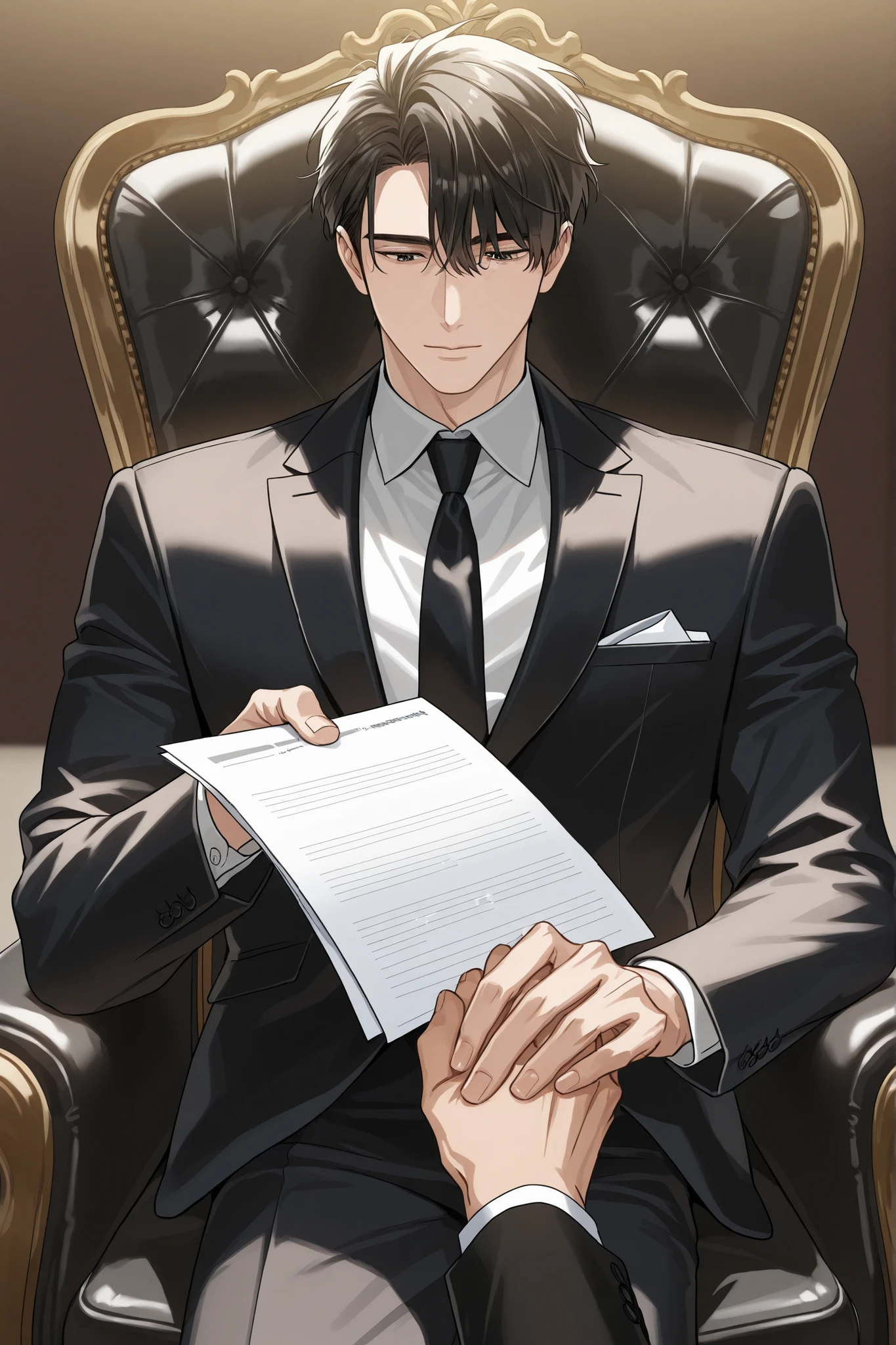 1 male, seme, handsome male, tall male, front view. He is sitting on a luxurious chair in a office demanding important documents from you that you hold. 1 hand, hand holding documents