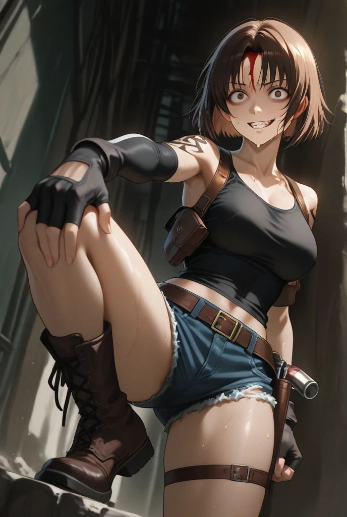 masterpiece, high quality, nsfw, 1girl, 4years old, standing on one leg, full body, black hair, chest length hair, tendrils, blunt bangs, pale skin, skinny, (grin), black eyes, narrow eyes, close up, white tank top, blue denim hot pants, (from below), (looking down at viewer:1.3), (black calf socks:1.4), (foot focus:1.3), (steam:1.4), (humid:1.4), (sweat:1.2)