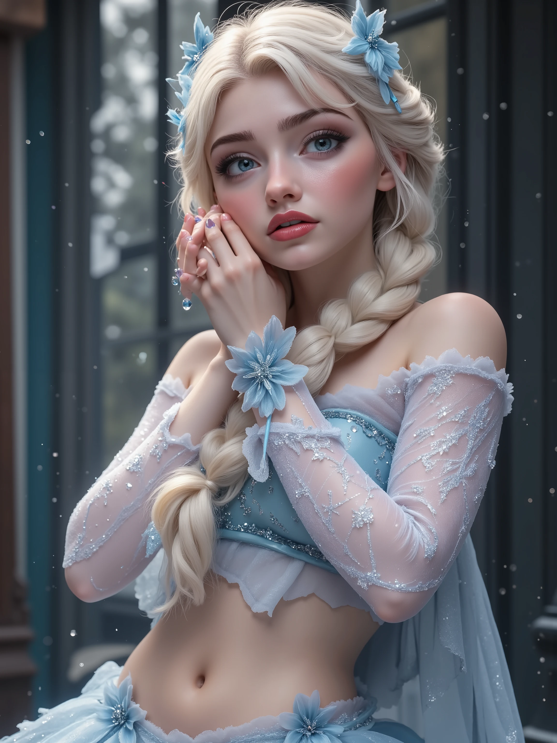 Frozen Elsa, whole body in picture, highly detailed picture, 8k, standing with her hands tight, looking innocent, highly detailed blue eyes, lips apart, shiny red lips, frilly torn outfit, naughty