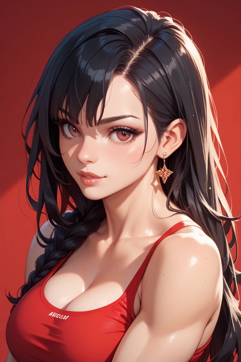 Sexy woman, black hair in a bun, long forehead, seductive eyes, medium nose, perfect pink lips seductively parted, deep blush, flustered, beautiful long neck, collarbone, medium chest, long red floral dress, looking away to the side, looking tantalizingly sexy
