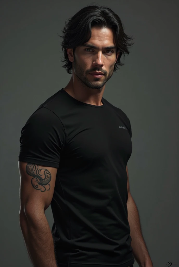 A man's face framed by long hair, a rock performer, a stylish look. Clean, smooth shaven, no defects.