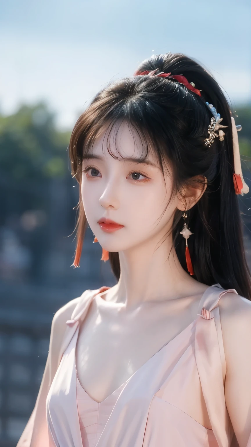 ( masterpiece, highest quality:1.2), 8,000, 85 mm, original photo, confuse, hair, Red Hanfu, Delicate girl,shiny skin, , watching the audience, HDR, clear focus, Twilight Sky , shiny skin, small eyes and face , brightly colored background, earrings、 necklace、clavicle、Straight long hair、
