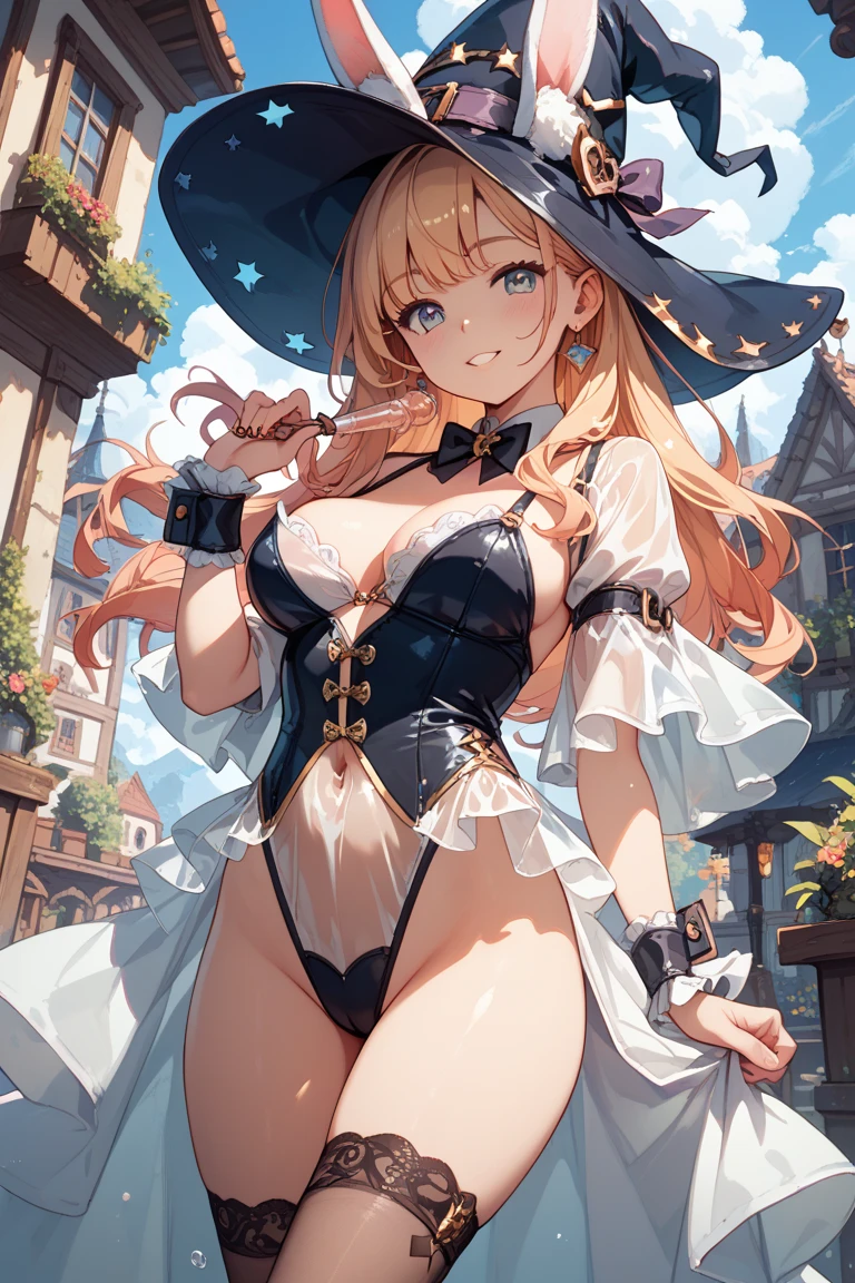 1 woman (navia) ,(genshin impact ),blonde,(wavy hair curl),  blue eyes ,blush , looking at viewer, bikini (black) ,[ hat (black) ,yellow rose on hat], beach ,morning, big breasts, holding umbrella .