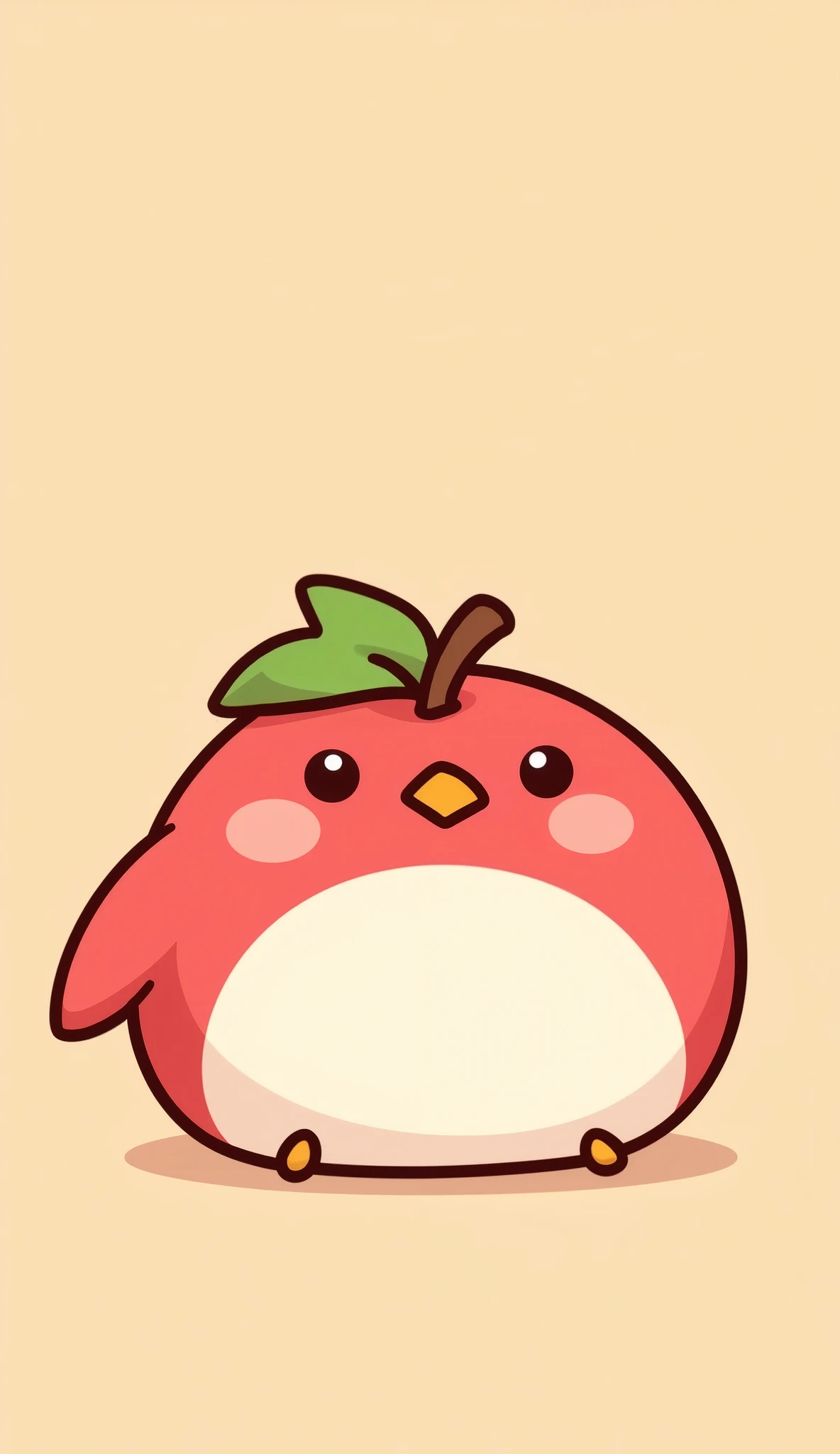 (masterpiece:1.2,Top Quality, Ultra High Resolution ,very detailed, RAW photos ,photorealistic),A super cute, San-X style character: a small round bird combined with an apple, called "Torin-go". The character has a soft, pastel color palette. It has a chubby bird body shaped like a red apple, with a tiny beak, little wings, and a green leaf on its head like an apple stem. The eyes are small and shiny, and the cheeks are pink and blushing. The background is minimal, soft, and warm. The illustration style is soft, fluffy, and kawaii, perfect for a healing character design.The background is an apple tree
