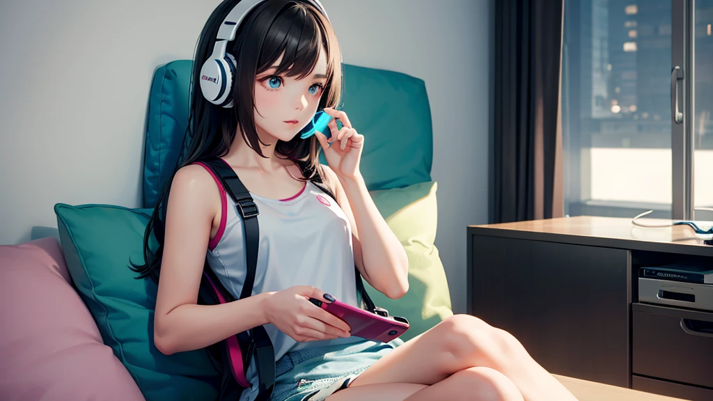 A young woman sitting on a navy blue sofa playing video game shooting game with a gamer headset, pijama, Soft blue-green illumination, retro photography