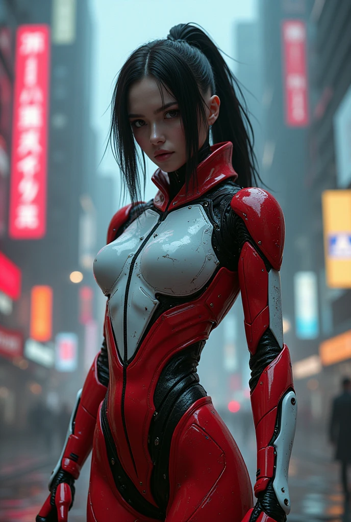 best quality, high resolution, cinematic photo, professional portrait, sharp focus, a female dark ebony Jedi, braided hair, mecha bodysuit with scarlet red details, heterochromia in the eyes, ironic expression, stand pose, cyberpunk background, masterful brushstrokes, oil painting texture, detailed facial features