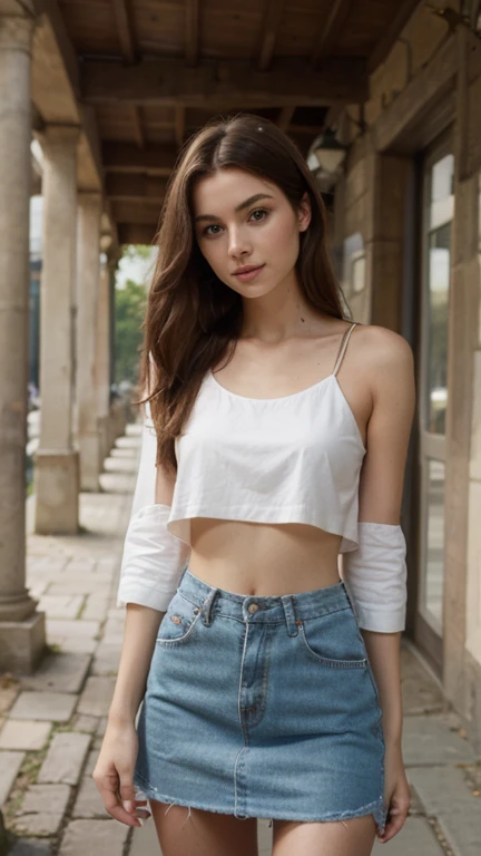 There's a woman sitting on a ledge with a suitcase, Branco! Tampo com estampa, com corte rasgado t - camisa, usando regata, lindo modelo jovem, Tampo branco do tanque, usando topo de corte, usando uma camiseta regata, usando um top cropped, usando um top cropped, Barbara Palvin, usando um top de colete, tampo branco, topo de corte