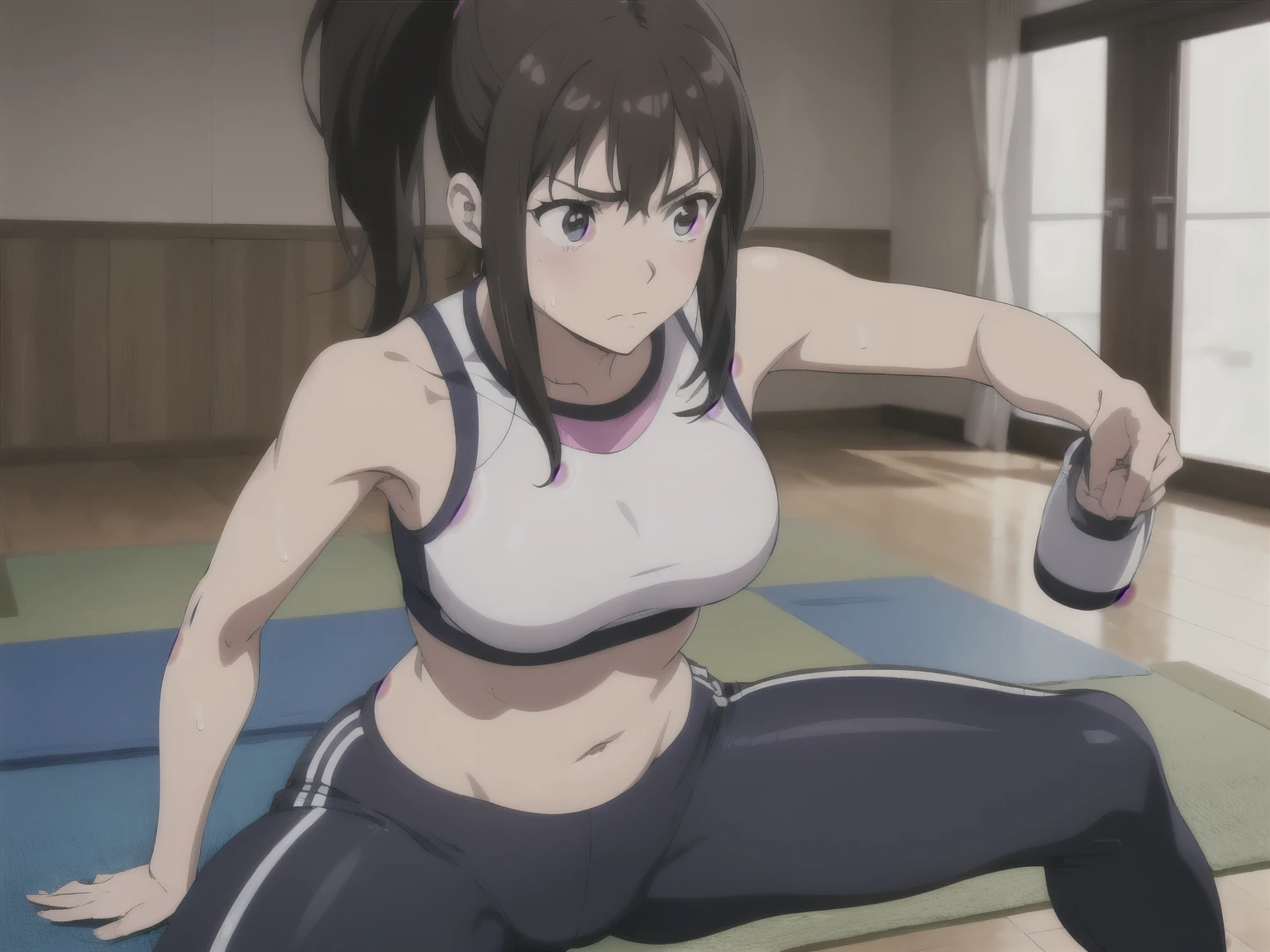 anime-style illustration of a sporty young woman with long dark brown hair in a high ponytail, exercising for weight loss, wearing a tight athletic outfit with a pink and black sports bra and black leggings, light sweat on her face and body, focused and determined expression, mid-action pose, indoor workout setting, yoga mat or fitness equipment in the background, vibrant colors, clean design, photo-realistic, only one person
