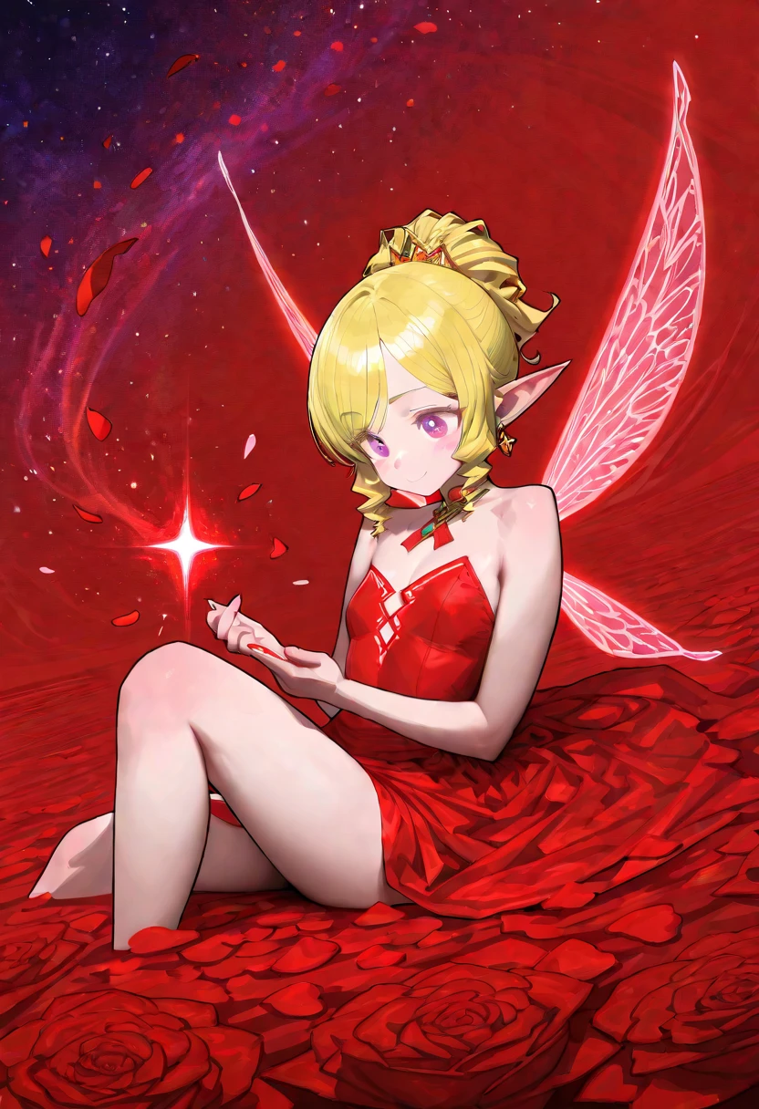 young man, twink, (((male))), (((man))), (((one person))), single, solo, (((very light blonde hair))), (((pink colored eyes))), (medium short hair), (chin-length hair), wavy hair, slim body, ((flat chest)), (((fantasy style))), (((wearing flowers in his hair))), flowercrown, ((pointy ears)), (((light pink colored eyes))), smooth skin, bare legs, (((wearing fantasy clothes))), smiling, (eating strawberries)