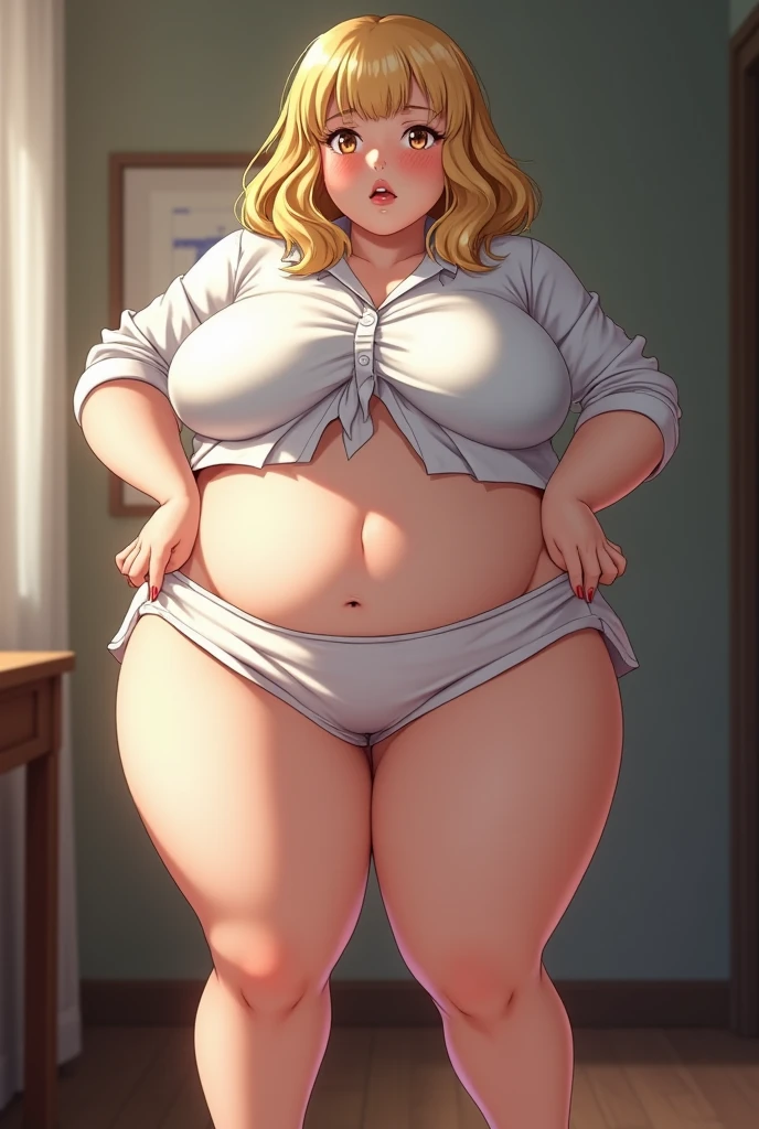 sexy woman in white dress posing in a room with a blue couch, lola bunny fanart, karol bak uhd, deviantart artstation cgscosiety, 8k high quality detailed art, realistic shaded perfect body, trending on cgstation, anime barbie in white stockings, [ 4 k digital art ]!!, ig model | artgerm, commission for high res, extreme overfilled saline/expander breasts, wider hips and thicker lips.:, fat belly, extremely fat