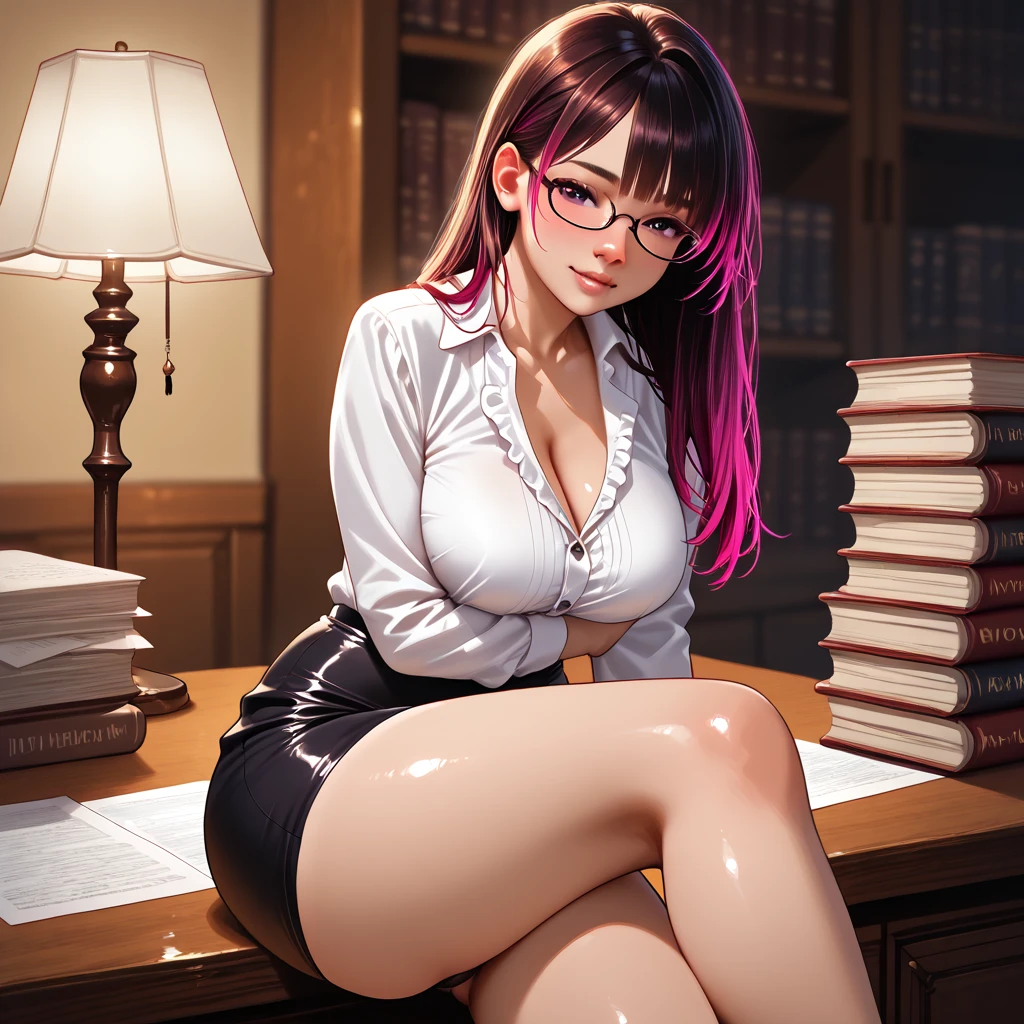 Sexy and realistic female teacher sitting at the teacher's desk