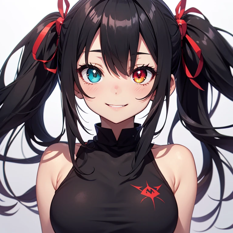 A succubus nekogirl, neko ears, demon tail, smiling with one kawaii Protruding canine as in anime, Horny face Foaming at the mouth. Black hair, red eyes, beautifull , cute and sexy. Little black and red demon Wings.She wants me. Anime scenery