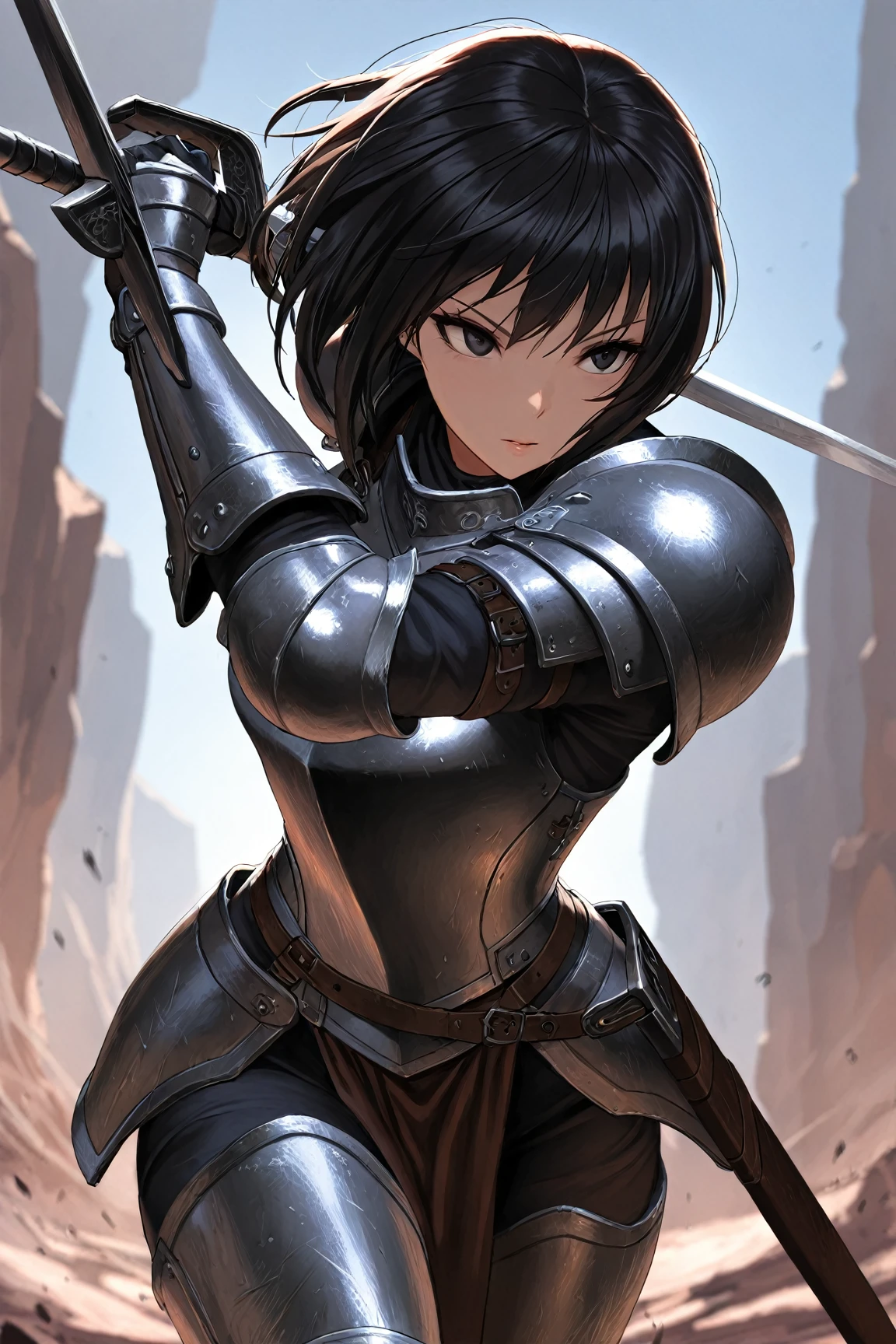 (best quality, masterpiece), woman, black hair, short hair, muscular, aggressive, heavy armor, tan skin, big sword, fully clothed