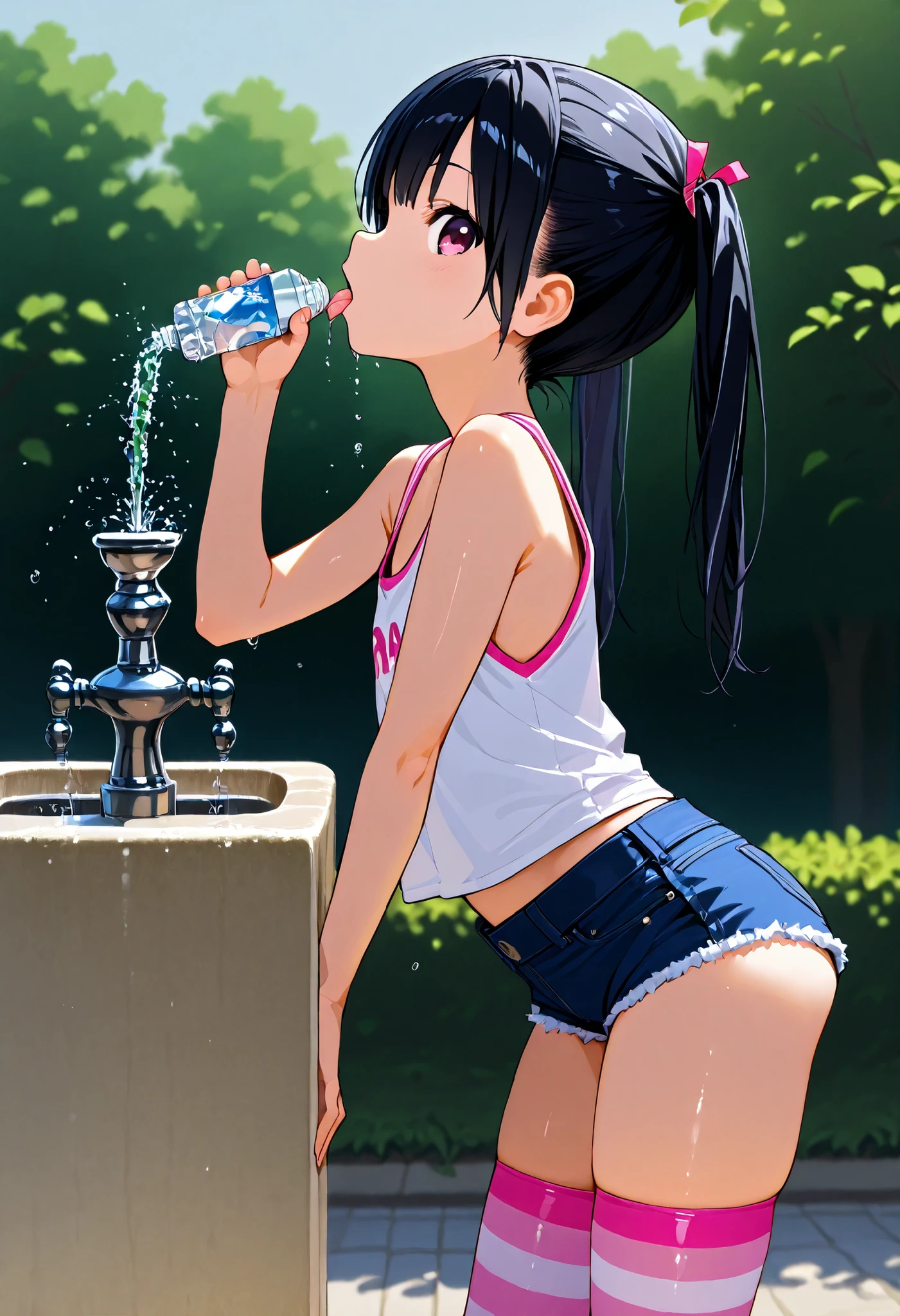 D_jirooo , 1girl ,, tanktop , hotpants , twintails , black_hair , flat_chest , pink_striped_thighhighs , drinking_fountain , adjusted_hair , from_side , profile , glancing_at_viewer , tongue_out , leaning_foward