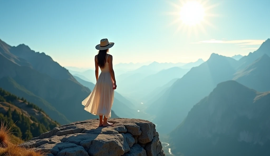girl, whole body,Standing on a rock with arms outstretched,Neat profile,hat,The surrounding area is at an altitude of 2,500m mountain,A high proportion of landscapes
