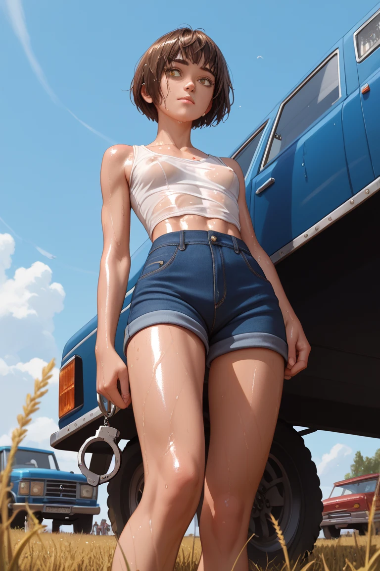 (Perfect Anatomy,top-quality、The ultra -The high-definition、hight resolution、extremely details CG、8K Unit Wallpapers),full body,1woman,solo,20-year-old、Japanese beauty,looking at viewer, (black hair,short bob cut hair,blunt bang),(small breasts,slender body,sweat),gleaming skin,oily skin,sweat,(tight white tank top、crop top、perfect white panties、boototorcycle,driving、Harley-Davidson,),mountain hut、Mountainous area、natural sunlight、