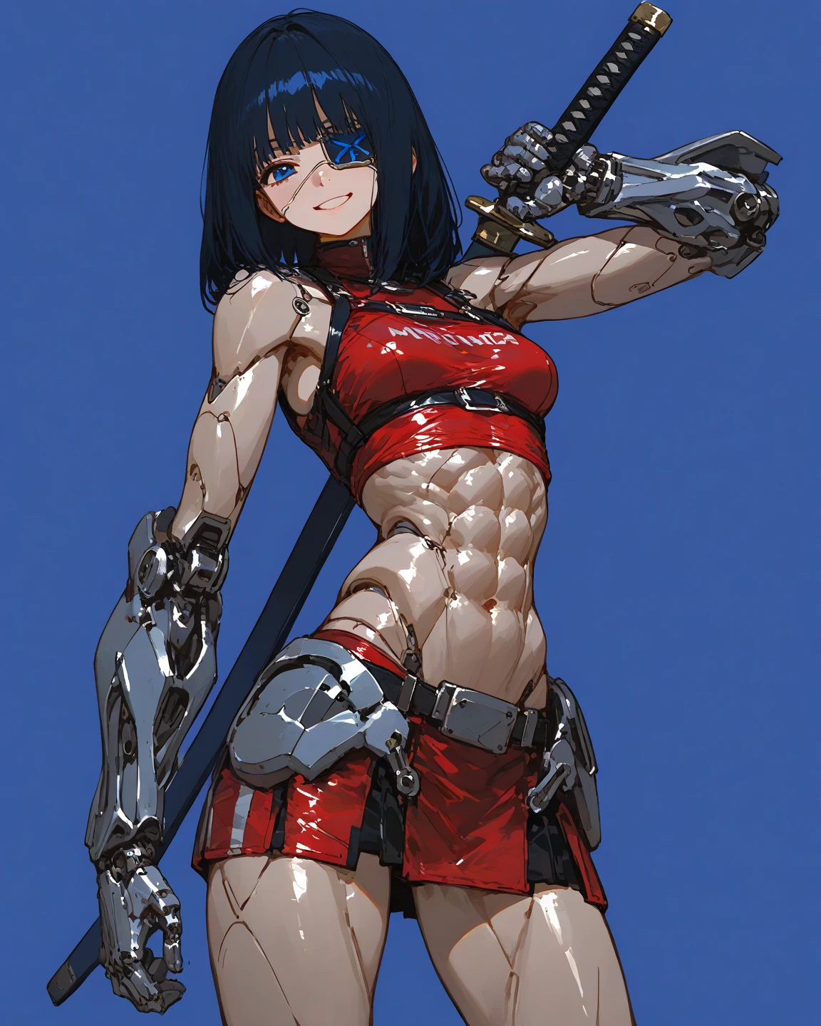 (masterpiece, plain background:1.2, far shot view from below angle,1chica 1solo) standing full body, mature woman, Eyes, wide, black bikini, pronounced abs, chain collar, stomach tattoo (red tattoo)