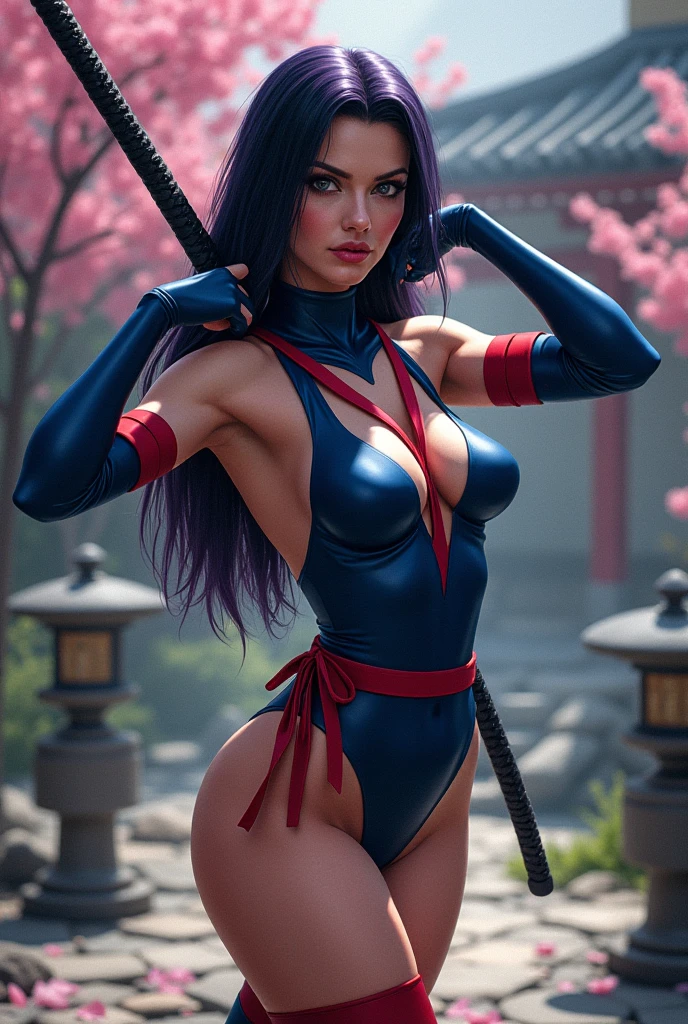 best quality}, {{masterpiece}}, {highres}, Perfect waist cut, Large breasts, Warrior girl with a small short sword on hand, Skimpy organza transparent clothes, organza elements on clothes, net clothes, leather glossy elements on clothes, dark blue hair with red highlights, (perfect nose), Seductive gaze, dark blue knee high boots on high heels with red highlights, (Best Illustration), 8k Resolution, Intricate Details, Best Quality, Realistic, Ultra Detailed, Best Lighting, Best Shadows, Ultra HD, A Necromancer style, Night, Magic, Dark Style, Vampire, (shining red eyes:1.6), masterpiece, high_res, Beautiful face, tyndall effect, photo realistic, (high detailed skin:1.2), 8k uhd, dslr, high quality, Photograph, high resolution, 4k, 8k, Bokeh, absurdres, ponytail contorted, best ratio four finger and one thumb, front view, dark blue hair gorgeous, perfect proportional skinny fitness body, full body view, wet skin, wet clothes, dark cathedral baground scenery, huge bobs, belly muscle, long fit perfect legs, fishnet dark red Stockings, realistic reflection in the water