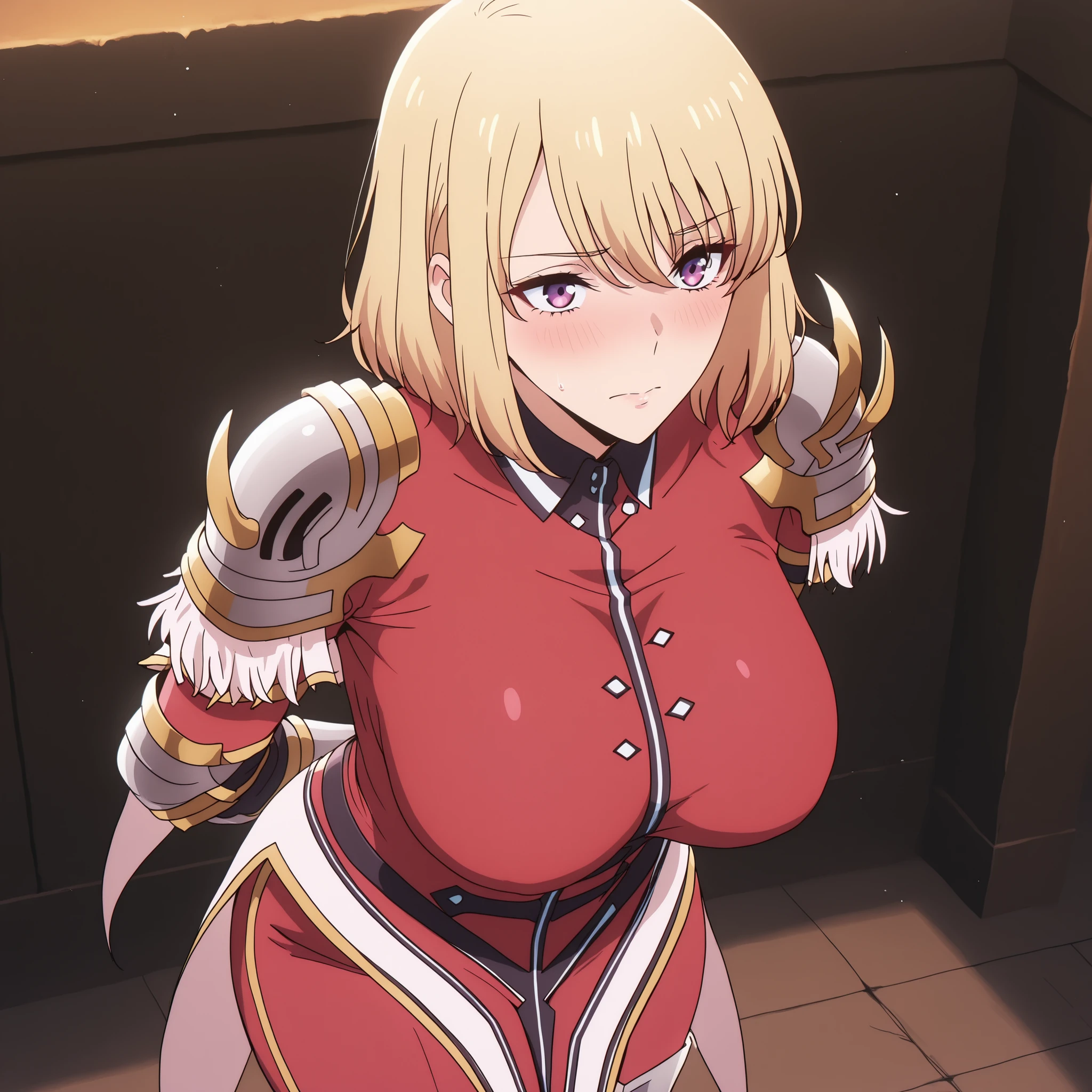 shizuku kousaka (na honjaman level up), short hair, blonde hair, purple eyes
hunter outfit, red bodysuit, pauldrons, epaulettes, cape, gauntlets, black gloves, armored boots. arms behind back:1.4), breast, ((cute breast)), ((round breast)) (blush), 8k masterpiece, (1girl, solo) adult, mature, +18,