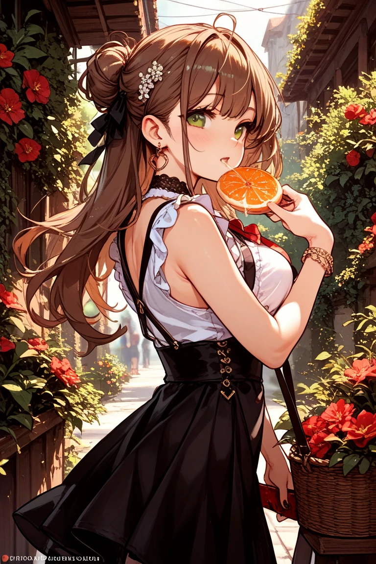 masterpiece, (detailed, highres, best quality), 1girl,  <lora:sprwbyNeopolitan-27:1> neopolitanatlas, bowler hat, grey scarf, white gloves, white shirt, off-shoulder shirt, black sleeves, midriff, white belt, white pants, blurry, blurry background, flower, lake, petals, signature, skyline, sunflower, water, yellow flower, Back View, holding, holding lantern, looking at viewer, parted lips, smile, solo