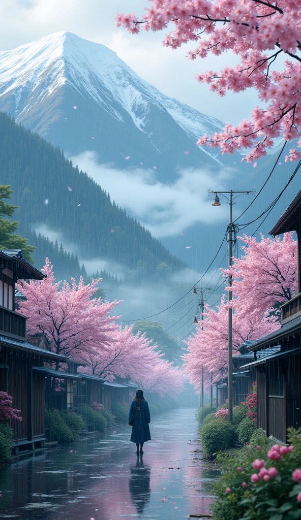 masterpiece, Best Quality, details,Silence、Village deep in the mountains、Yamazakura、rain、rain雲、 Deep Mist、Cherry blossoms in Yoshino