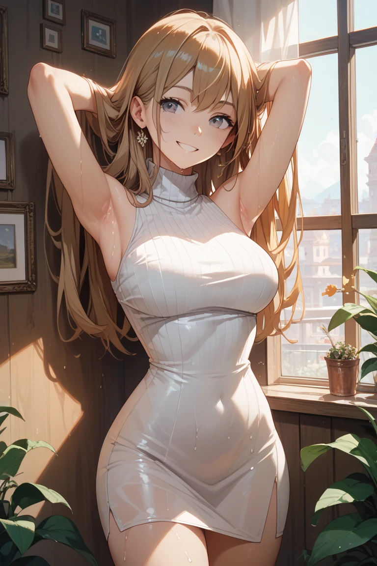 A beautiful and glamorous woman with long blonde hair tied into a ponytail with a scrunchie, brown eyes, small silver earrings, light brown blush on her cheeks, thin lips, thin fabric Bodysuit, high-definition, natural light, a shining moon reflecting off the sea surface.