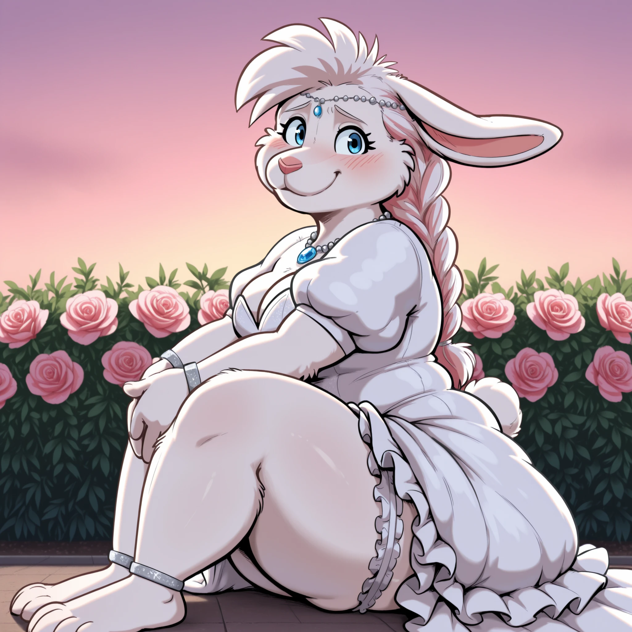 masterpiece, best quality, amazing quality, anthro bunny, female, (solo), big blue eyes, big eyelashes, white fur, medium breasts, hopeful, small hands, wide hips, chubby thighs, looking at viewer, young, looking at viewer, (small feet), (medium white pink hair), single braid, plantigrade, silver circlet, (bunny ears), ((portrait, face focus)), (frilly white wedding dress, puffy dress sleeves), (one white frilly garter), barefoot, dusk, wedding, flower garden, ((close up)), silver necklace, silver jewelry with blue gem, silver ankle rings, silver wrist rings, huge thighs, huge hips, chubby cheeks, smile, shy, hands together, sitting among pink roses, from side, raised leg, thighs focus,