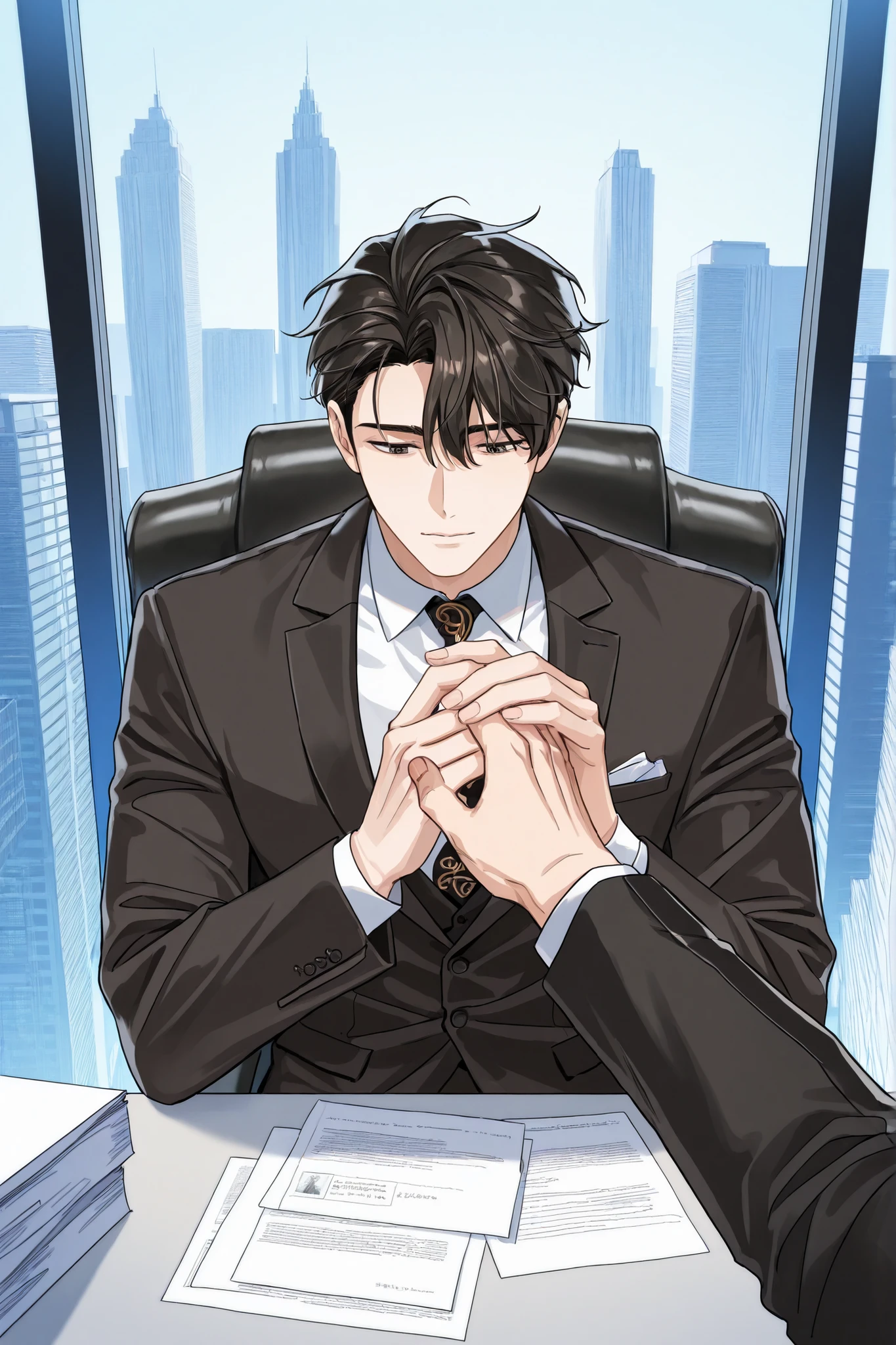 1 male, seme, handsome male, tall male, front view. He is sitting on a luxurious chair in a office demanding important documents from you that you hold. Taking place in a skyscraper with window behind character. 1 Female's hand, female's hand holding documents