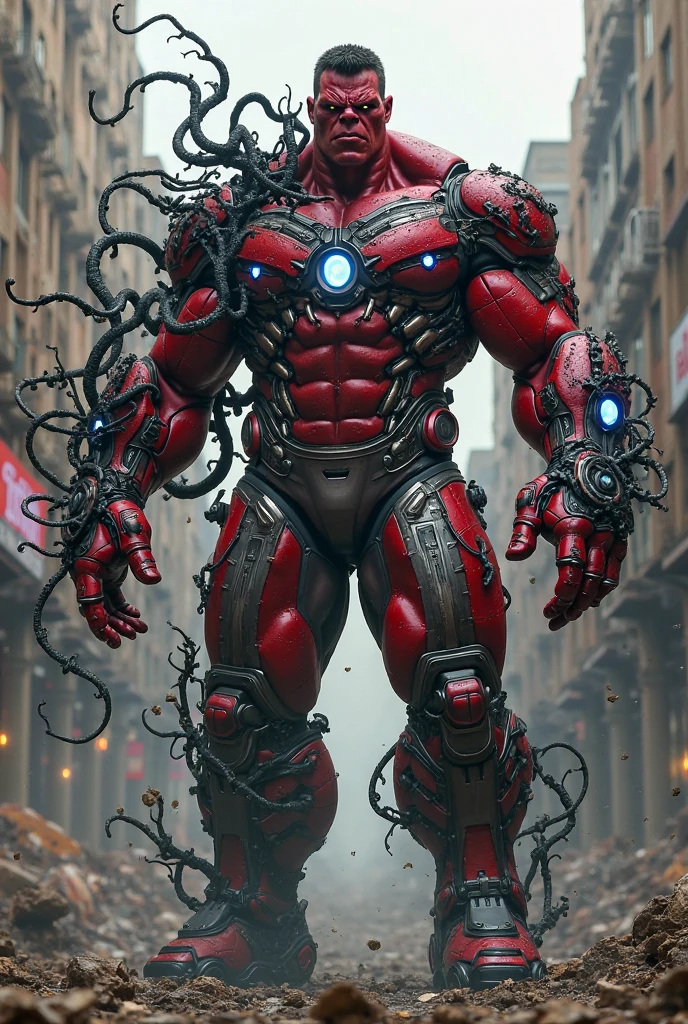 (1 girl), (megan fox), young girl, carnage muscular physique, seductive face, mouth wide open carnage style, long red hair, perfect muscular body, super skinny legs, cybernetic muscle suit, sissy, femboy, (carnage style physique),