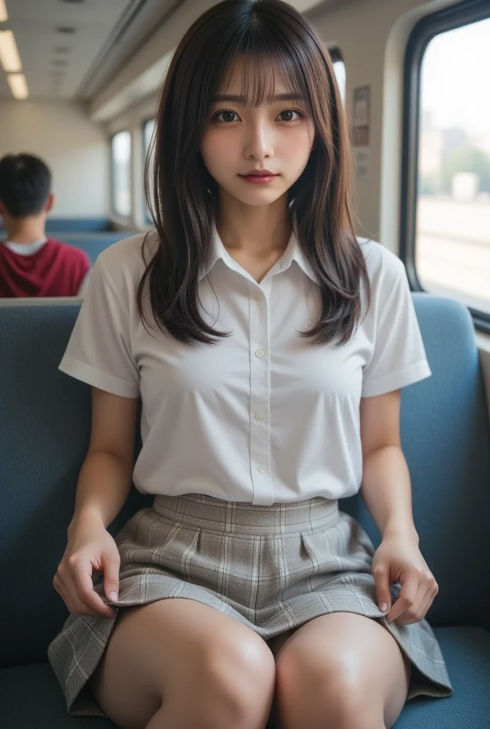 (realistic:1.3), shaded face, depth of field, school uniform, 
beautiful detailed illustration,amazing art,(((Extremely detailed))),
sitting 1girl,bangs,female high-school student,sleeping,Closed eyes,WHITE panties,skirt,
cowboy shot,from FRONT
,(((Extremely detailed))),On the train, a young woman is sleeping contentedly. Through the gap between her legs and skirt, her panties can be seen. As the vehicle rocks, her peaceful expression and gentle breathing create a calming atmosphere
,(((Extremely detailed)))