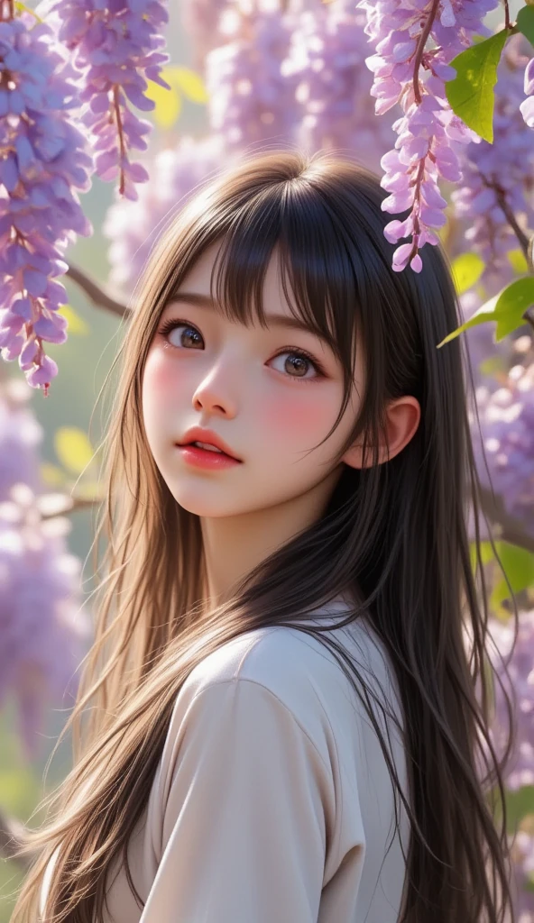 (A logo、masterpiece、8K、masutepiece、Raw photo、Fantastic、Best Quality、フォトリアリスティックでighly detailedな CG 統合 8k 壁紙、hightquality、ighly detailed、epic poem、Particle effect、Dynamic effects、depth of fields、Cinematic Light、Lens Flare、Ray tracing)、Fantasia、 (Beauty 1 person、doress、Dress、Cherry blossom pattern、A dark-haired、Beautiful face、Real Face、beautiful details eyes beautiful skin)、髪がthe windで踊る、Hair flutters in the wind、Hair jumps、Pink cherry blossom tree、Petals flutter、Sakura blizzard、Superb view、morning glow、Sun in the background、the wind、
