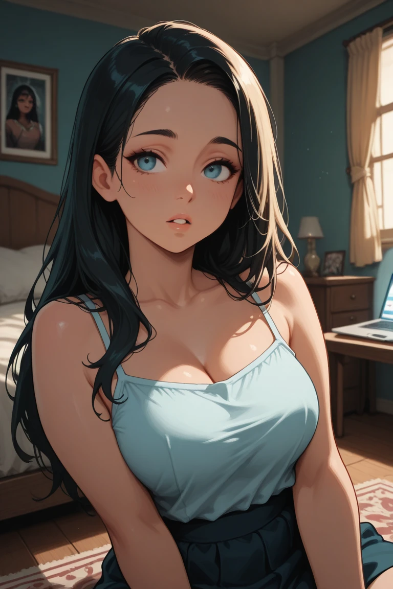 a view from below, thick hair, crystal blue eyes, open mouth, aroused 25 years old, playfully aroused, dripping with desire, cleavage, low cut tanktop , skirt, stretching, coy smile with open parted lips, (blushing:1.3), looking invitingly at the viewer, seductive eyes, facing the viewer, livingroom background, posing by the sofa, (pov), glowing eyes, necklace, earrings, nsfw,