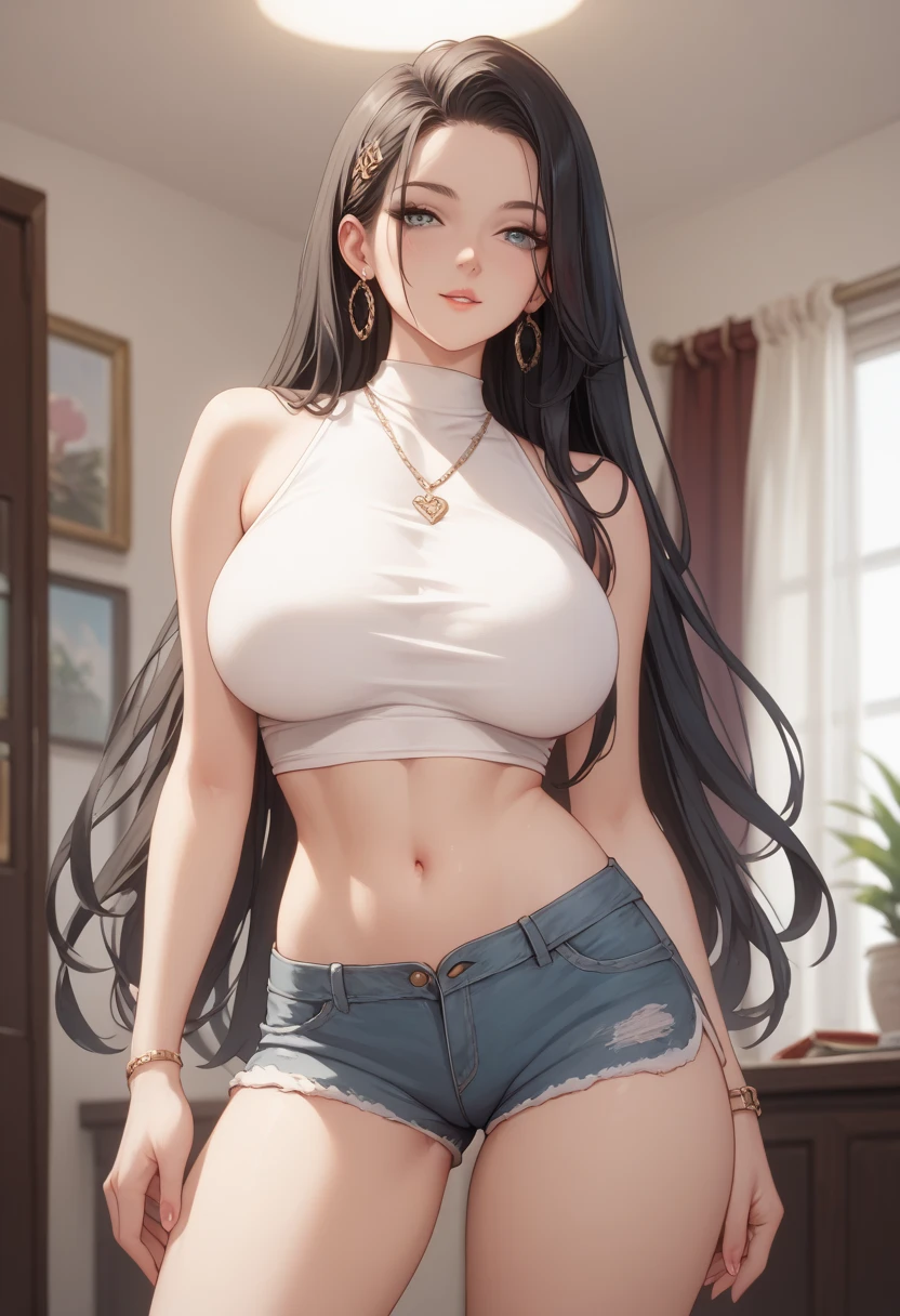 1 very erotic girl has long dark hair Sexy and sensual girl is standing in front of me in a very sensual position, wearing tkinny denim trousers an a withe underboobs t-shir, she has very very big and round tits a narrow waist and a big but not fat and proportioned ass, she has a fine face with sweet features a fine nose and bright eyes, smiling full of joy, masterpiece, hig realistic