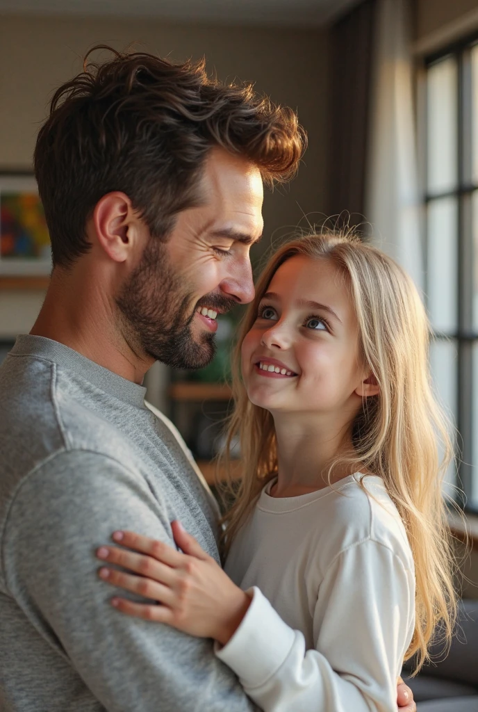 (Photorealism:1.1) blonde blue eyed child 8 year hugging her father dark brown hair and brown eyes in the living room in home 8k ultra realistic super detailed o melhor possível fotorealista