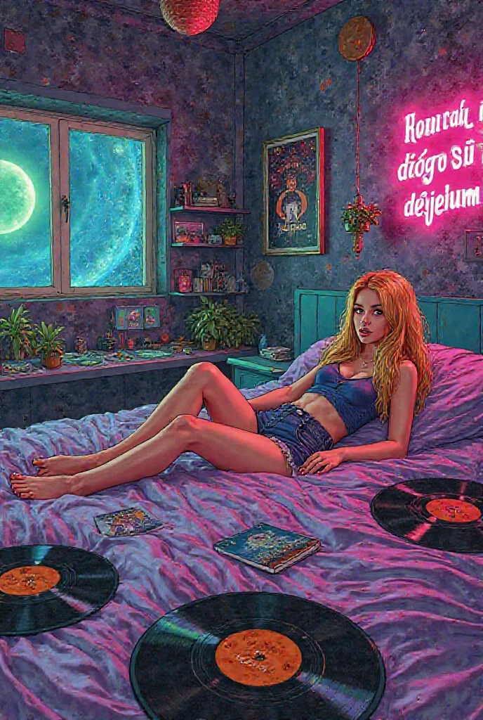 A redheaded woman sings, dressed only in veils, dancing on the moon as she dreams, painting of the moon's craters, many inappropriate objects, lots of intimate underwear, fishnet stockings, lace bolero, books, make-up accessories, surrealist painting, magic realism, bizarre art, subtitle at the bottom of the picture "Où est mon ami Pierrot?" in beautiful blue and gold letters.