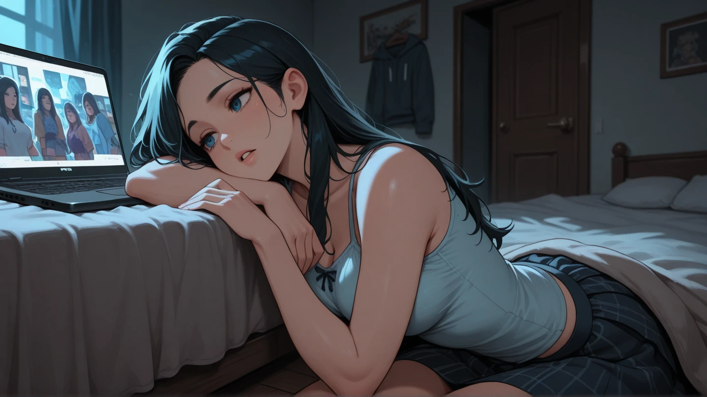 sexual girl, slutty, ugly man, multiple boys, gangbang, monster, horror, black hair, slender body, blue eyes, mascara, lying down