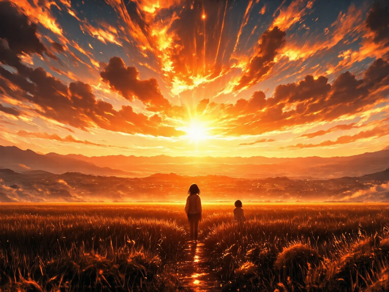 A breathtakingly beautiful sunset that brings tears to the eyes, casting the sky in vivid hues of orange, pink, and deep purple. The vast wheat field stretches endlessly to the horizon, with golden stalks gently swaying in the breeze, glowing under the fading sunlight. Every grain of wheat catches the light like molten gold, creating a sea of warmth and serenity. In the distance, the small silhouettes of a man and a woman stand close together, their backs turned, gazing toward the radiant horizon. Their presence adds a quiet, emotional depth to the scene, evoking a sense of nostalgia, peace, and unspoken connection. The atmosphere is calm and still, save for the soft rustle of wheat in the wind and the last chirps of birds returning home.