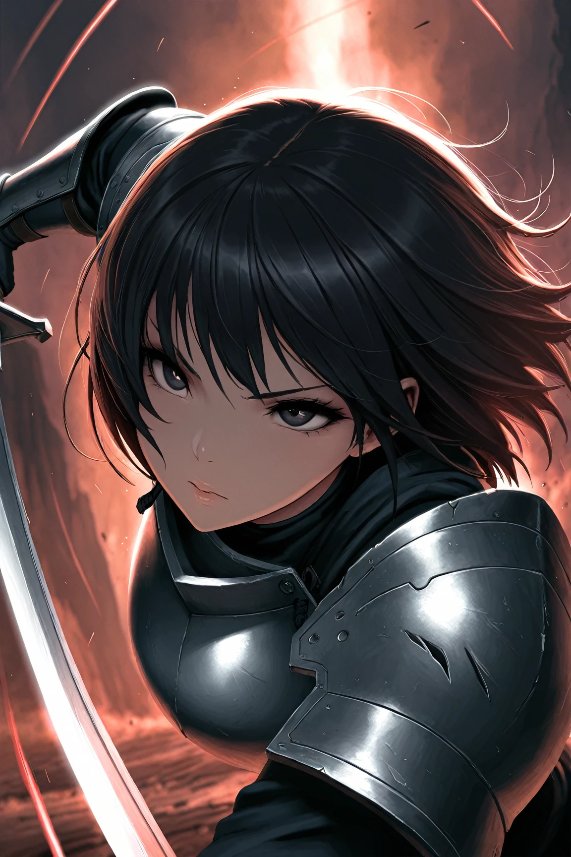 (((( masterpiece)))), (((( Top Quality)))), (((high resolution,anatomically correct,masterpiece,Top Quality,4K,))),masterpiece,1 girl,solo, Female Warrior,black hair,Shorthair,dark eyes,Narrow eyes,Smoothie,are cool,Steel Armor,Long Sword,Long sword,Sharp Sword,action,attack,battle,wilderness,desolate land,anime,
