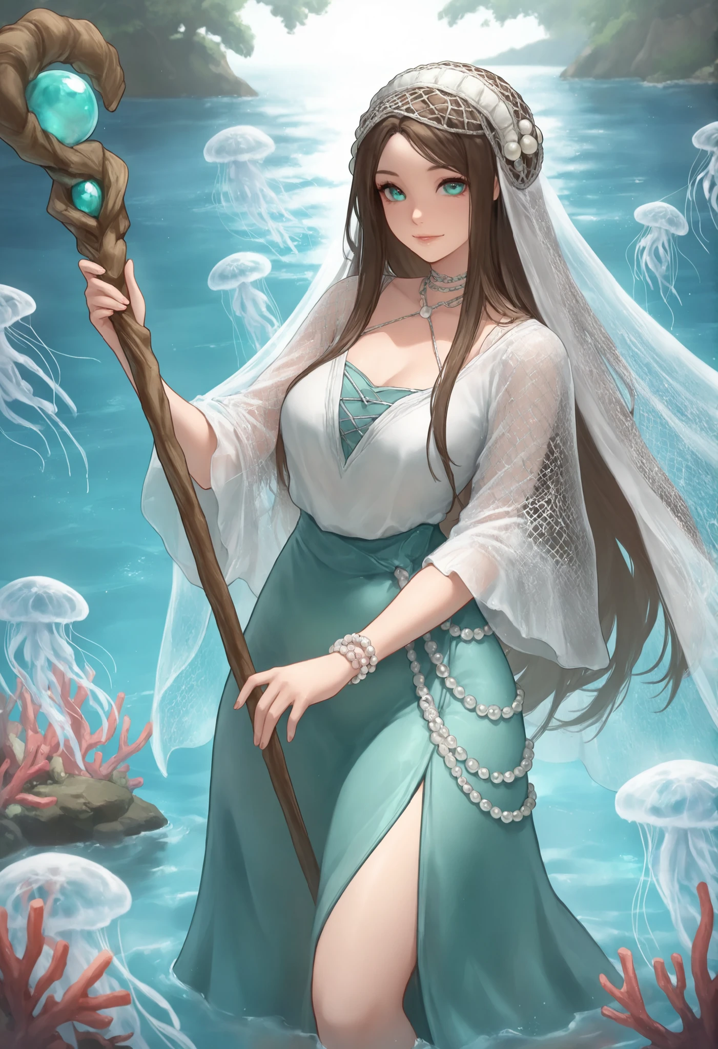 1girl,ocean_weaver, (pearl_hairnet:1.3), jellyfish_silk, tidepool_eyes, coral_staff,masterpiece, best quality, newest, highres, absurdres,
