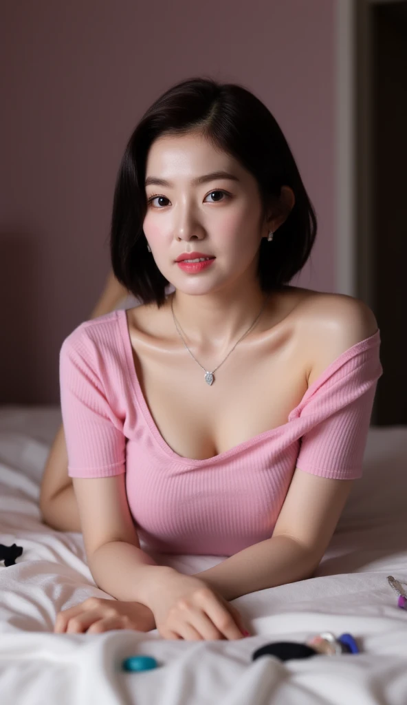 Cool beauty,Looks sweet,bob haistyle, (wearing pink oversize t-shirt, off-shoulders), show clavage, show big thigh, plump body, huge breast, full body photo, sitting on the bed. Dark background.