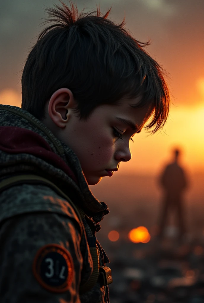 1419; (masterpiece, best quality) destroyed hugged caring (Cuazulo-Natal)1sad boy looking Down(close-up); thousands of red white roses on the ground; bombs falling from the sky.; fire around.
