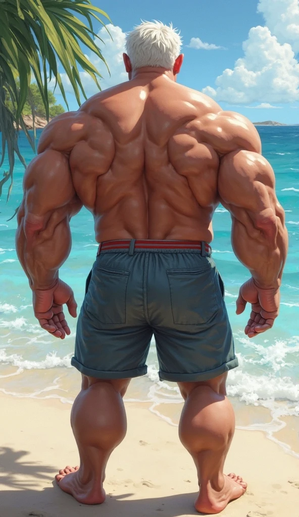 beach, back view, extremely huge muscular, massive muscular, full-body, well-muscled old man in a white shirt and showing back muscle. ((extremely muscle size, super thick arms, huge back, extremely wide back and shoulder , huge arms)). and add details to make it attractive and interesting. Add textures and details to make the image more realistic, such as the appearance of the shirt texture and the appearance of the skin. Make sure the resulting image is high resolution, 8K quality."