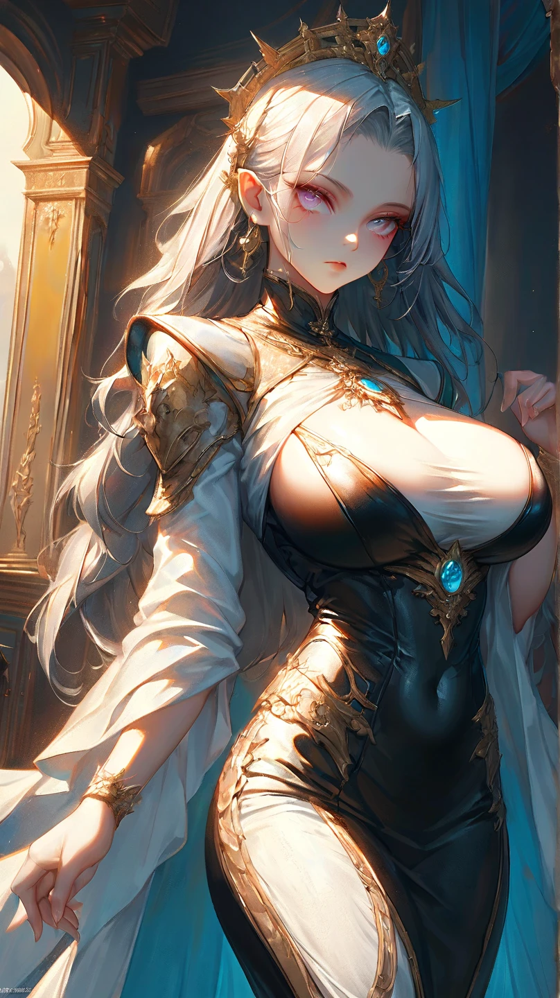 Masterpiece, Detailed Illustration, Top Quality, Exquisite, Anime style, disfigured, As a matter of fact, with big breasts, beautiful albino girl, 20years old, full - body, Side Shot, Piercing all over the body, Detailed tattoos are everywhere, Crystal Dress, gentle smile, Depth of field, pixiv, oil painting, hiquality, 8K, Elaborate, Unreal Engine 5, ornate, Super detailed, edge lighting, Highly detailed, finely detail