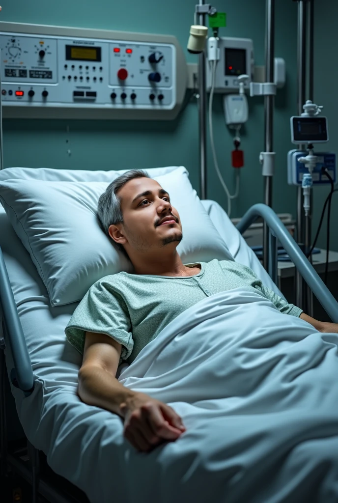 middle-aged man resting comfortably on a hospital bed in a clean, neutral hospital room. The room should have minimal but essential elements, such as a bedside table with basic medical supplies and a blanket. The man should appear calm and at ease, with a peaceful expression. Ensure the image conveys a sense of normalcy and everyday care, focusing on the patient's comfort and the supportive environment. Avoid any signs of distress or medical equipment that could imply an emergency situation
