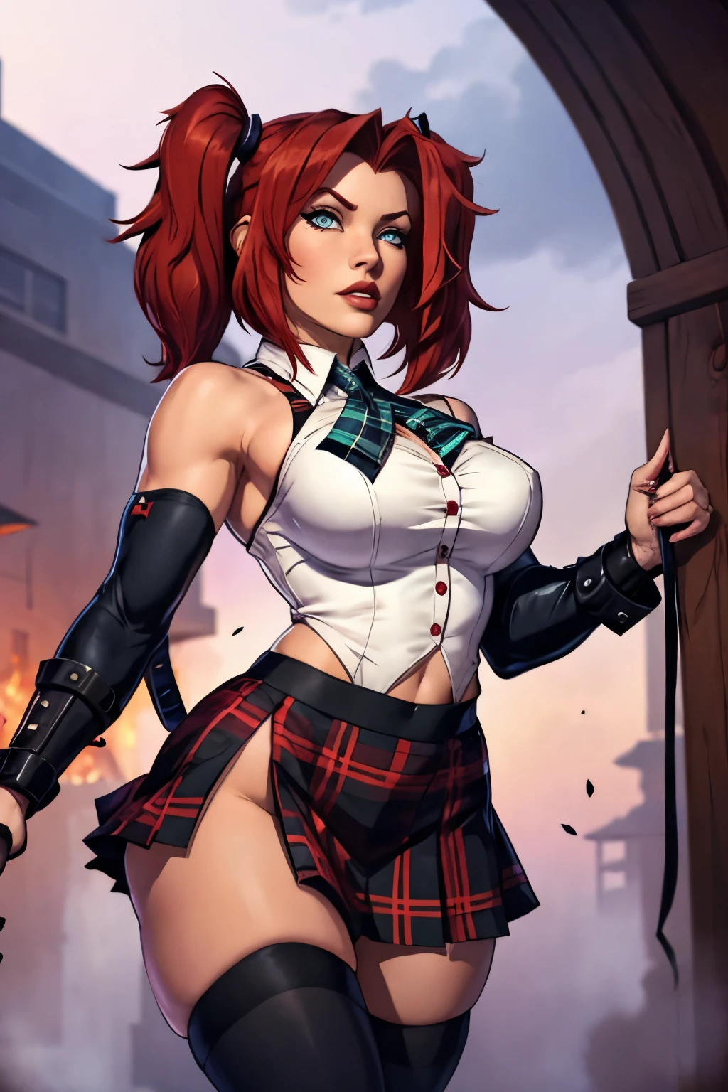perfect detailed eyes, bloodrayne, tartan skirt, schoolgirl outfit, thigh high socks, pigtails
